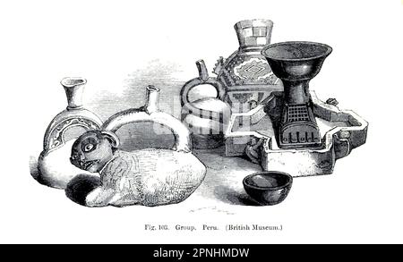 Group of Peruvian Pottery from the book Collections towards a history of pottery and porcelain, in the 15th, 16th, 17th, and 18th centuries : with a description of the manufacture, a glossary, and a list of monograms by Joseph Marryat,  Publisher London : J. Murray 1850 Stock Photo