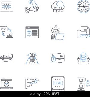 Data encryption line icons collection. Cryptography, Security, Encryption, Privacy, Decryption, Algorithms, Keys vector and linear illustration Stock Vector