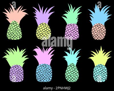 Set of colorful pineapples isolated on black background. Summer tropical fruit pineapple with leaves. Icon design for banners, print and promotional p Stock Vector
