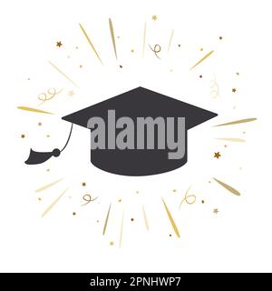 Graduate student hat doodle icon with golden confetti and doodle shiny rays. Vector isolated illustration. Greeting card for graduation party Stock Vector