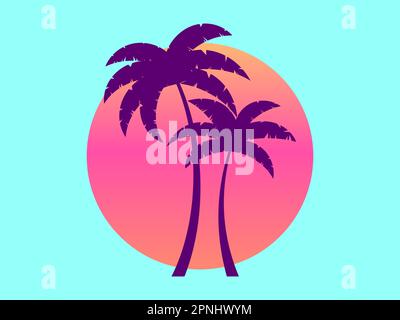 Two palm trees against a gradient sun in the style of the 80s. Summer time. Synthwave and retrowave style. Design for advertising brochures, banners, Stock Vector