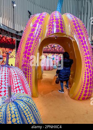 Paris, France, Louis Vuitton, LVMH Luxury Clothing Store on Ave. Champs-ELysees, with Modern Art Decorations by : (Credit) Yayoi KUSAMA, exhibition Stock Photo