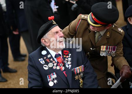 File photo dated 14/11/21 of Veteran of D-Day, 98 year old Joe Cattini (left) forms up with veterans on Horse Guards Parade ahead of the Remembrance Sunday service at the Cenotaph, in Whitehall, London.A 'giant' of the D-Day veteran community has died just three months after his 100th birthday. The British Normandy Memorial has confirmed the death of Joe Cattini on Tuesday, April 18, who had been an ambassador for the memorial. Issue date: Wednesday April 19, 2023. Stock Photo