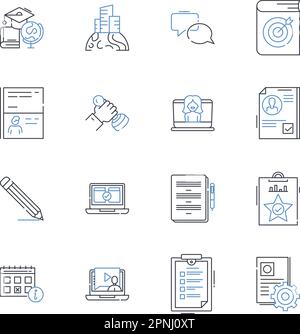 Curriculum tools line icons collection. Syllabus, Lesson, Outline, Content, Plan, Framework, Schedule vector and linear illustration. Assessment Stock Vector