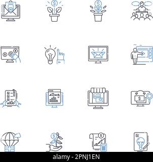 Bloom launch line icons collection. Facebook, Announcement, Launch, Technology, Innovation, Market, Community vector and linear illustration. Platform Stock Vector