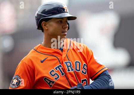 MINNEAPOLIS, MN - APRIL 09: Houston Astros right fielder Kyle Tucker (30)  talks with umpire Mark Carlson (6) after being ejected during the MLB game  between the Houston Astros and the Minnesota