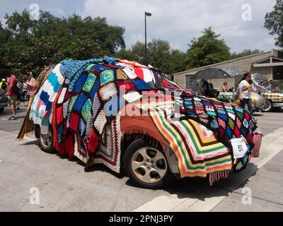 2023 Houston Art Car decorated with colorful, hand crocheted blankets. Stock Photo