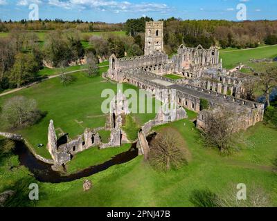 Aerial view of the ruins of Fountains Abbey near Ripon in North Yorkshire in the northeast of England. Founded in 1132, the abbey operated for 407 yea Stock Photo