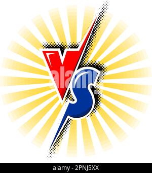 VS or Versus icon with sunbeams. Vector template header red against blue on transparent background. Stock Vector