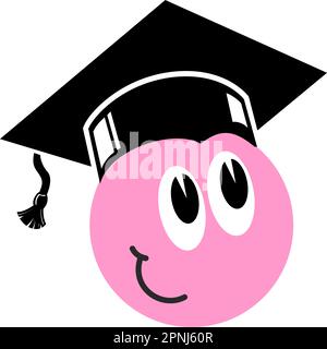 Pink smiling emoticon with graduation cap. Vector icon Stock Vector
