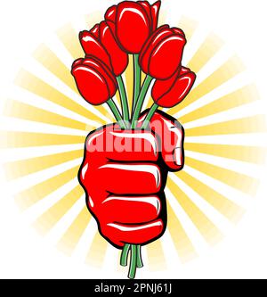 Tulips for you. Strong male hand holding a bouquet of flowers. Vector on transparent background Stock Vector