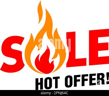 Hot offer red sticker with fire. Vector label template on transparent background Stock Vector