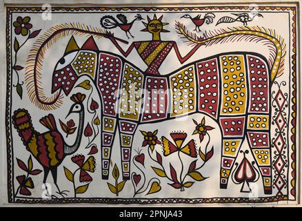 Sohrai painting is a mural art traditionally practiced by women in the Hazaribagh district of Jharkhand in India. Traditionally used to decorate the h Stock Photo