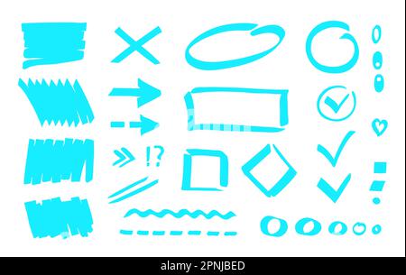 Marker highlighter shapes, marks, strokes, lines. Simple hand drawn vector design elements for notes, bullet journal, memo, planning Stock Vector