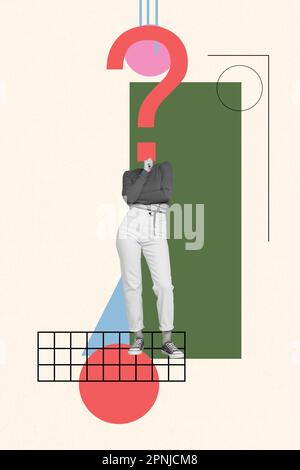 Vertical collage picture of mini black white effect girl huge question mark instead head brainstorming isolated on painted background Stock Photo