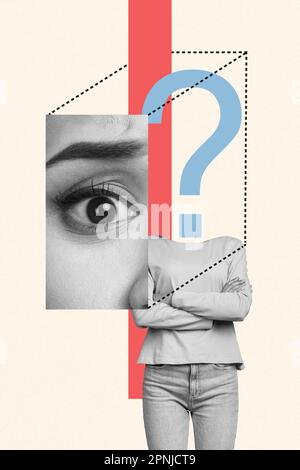 Vertical collage picture of black white colors person big eye face part away from body question mark isolated on creative background Stock Photo