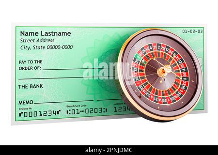 Casino roulette with blank bank check, 3D rendering isolated on white background Stock Photo