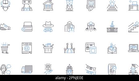 Gathering places line icons collection. Cafes, Bars, Restaurants, Parks, Beaches, Pubs, Museums vector and linear illustration. Libraries,Movie Stock Vector