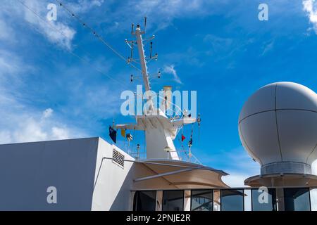 Radar antennas on a cruise ship Stock Photo