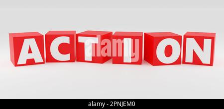 Bright red sign action on red cubes Power Minimal Concept 3D render Illustration on grey background Stock Photo