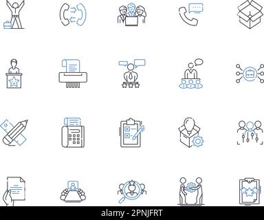 Office materials line icons collection. Paper, Staples, Pens, Highlighters, Files, Envelopes, Scissors vector and linear illustration. Tape,Glue Stock Vector