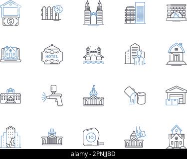 Cabin and chalet line icons collection. Rustic, Cozy, Lodge, Forest, Nature, Retreat, Secluded vector and linear illustration. Mountain,Adventure,Ski Stock Vector