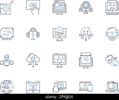 Web-based industry line icons collection. Internet, Technology, E-commerce, Online, Digital, Software, Social media vector and linear illustration Stock Vector