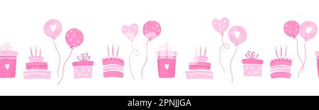 Fun hand drawn party seamless design with cakes, gift boxes, balloons and party decoration. Great for birthday parties, textiles, banners, wallpapers, Stock Vector