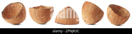 set of coconut fruit shell isolated on white background, commercially important strong and durable fibrous material, used as fuel source Stock Photo