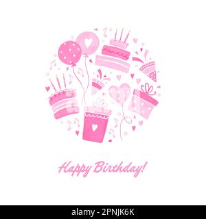 Fun hand drawn party design with cakes, gift boxes, balloons and party decoration. Great for birthday parties, textiles, banners, wallpapers, wrapping Stock Vector