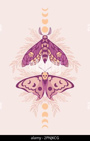 Vector pattern with night moths and flower branches Stock Vector