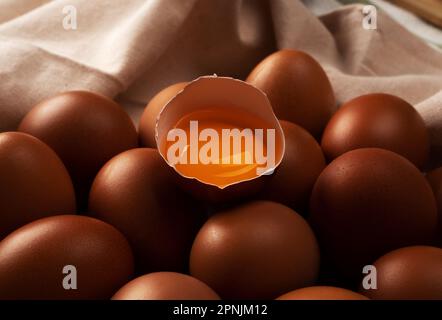 Egg yolk. Close up image of organic chicken eggs. Organic chicken eggs food ingredients concept. Stock Photo