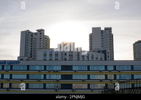 Belarus, Minsk - 24 march, 2023: Tall modern house at sunset close up Stock Photo