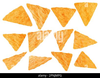 Crunchy and crispy mexican nachos chips from different angles isolated on white background high quality details - 3d rendering Stock Photo