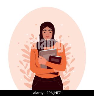 Happy muslim girl student with book. Vector illustration in cute cartoon style. Stock Vector