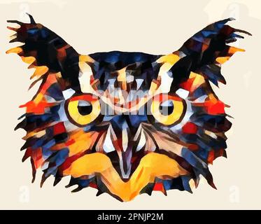 A great horned owl is seen in a colorful graphic design that is a vector image. Stock Vector