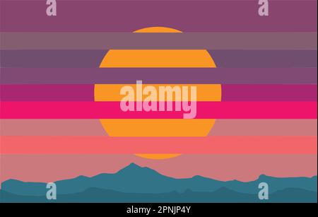 A colorful sunset is made of cut paper strips and pastel shades in a vector image. Stock Vector