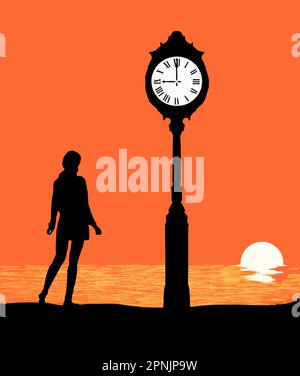A girl is seen with a clock at sunset in a vector illustration about time changes. Stock Vector