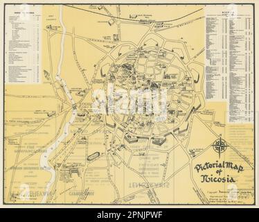 Pictorial map of Nicosia & environs. Vintage town city plan. Cyprus. SABRY 1951 Stock Photo