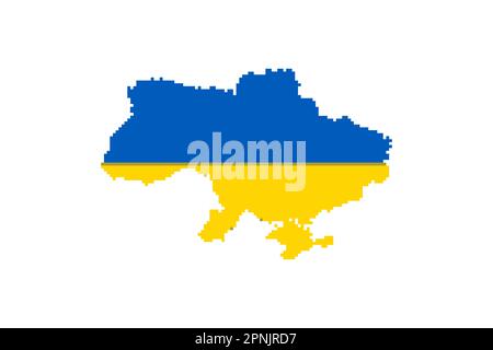 Ukraine map in 8-bit pixel style. Ukrainian flag. Art vector icon isolated illustration, eps10 Stock Vector