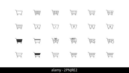 Shopping cart symbol. Full and empty shopping basket set icon. Internet shop buy and sale icons. Vector isolated black line illustration for web desig Stock Vector