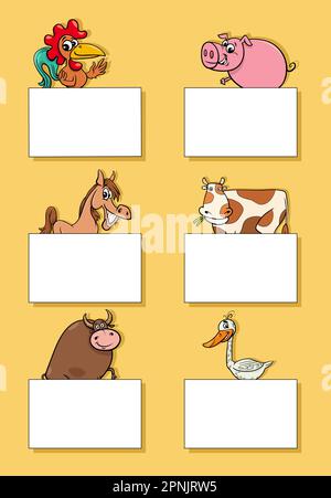 Cartoon illustration of farm animals with blank cards or banners design set Stock Vector