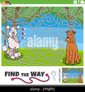 Cartoon illustration of find the way maze puzzle activity with funny purebred dogs animal characters Stock Vector