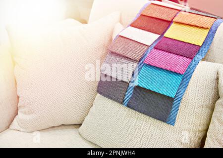 Fabric samples of upholstery sofa in the store Stock Photo