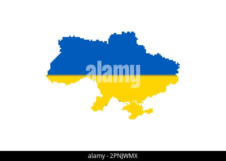 Ukraine map in 8-bit pixel style. Ukrainian flag. Art vector icon isolated illustration, eps10 Stock Vector