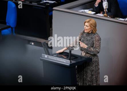 Berlin, Germany, April 19, 2023. Julia Kloeckner, CDU, MdB, gives a speech on the current hour Äû Continued use of nuclear powerÄú in the plenary session of the German Bundestag in Berlin, April 19, 2023. Stock Photo