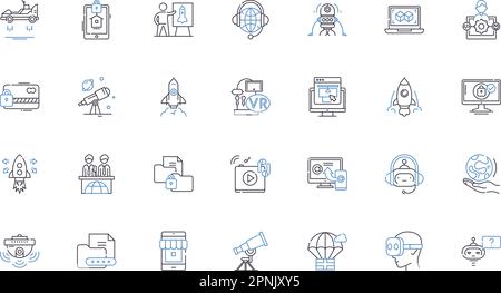 Quantum mechanics line icons collection. Entanglement, Superposition, Uncertainty, Wave-particle duality, Quantum tunneling, Quantum computation Stock Vector