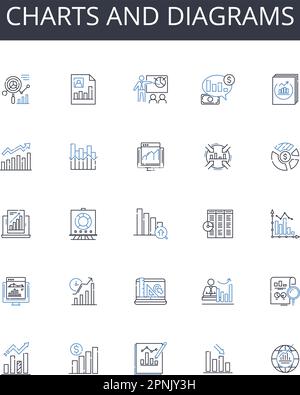 Charts and diagrams line icons collection. Numbers figures, Maps blueprints, Facts statistics, Information data, Numbers digits, Tables grids Stock Vector