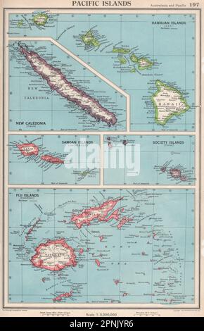 PACIFIC ISLANDS. Hawaii Samoa Fiji New Caledonia Society Islands 1952 old map Stock Photo