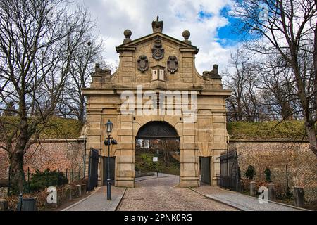 Leopold s Gate in winter day. Vysehrad. Prague. Unesco czech heritage. Stock Photo